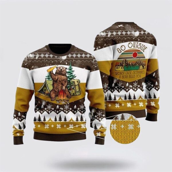 Bear Beer Campfire Yellow Wool Ugly Christmas Sweater