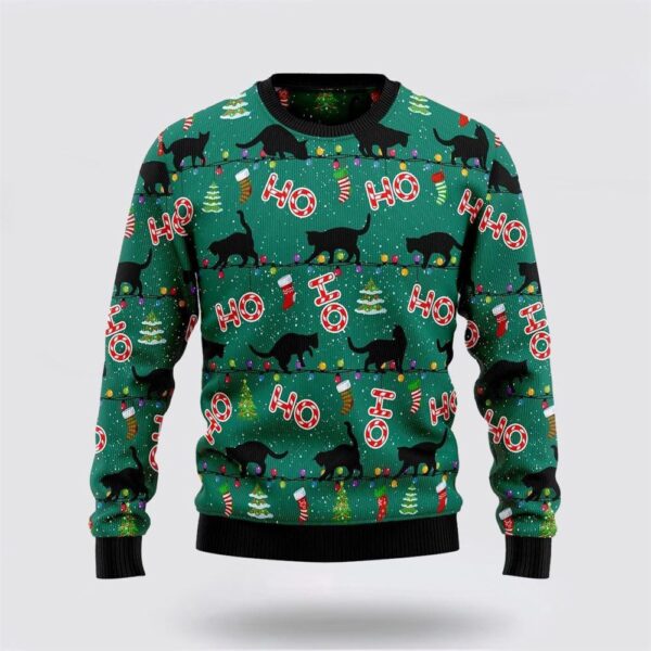 Black Cat Ho Ho Ho Ugly Christmas Sweater