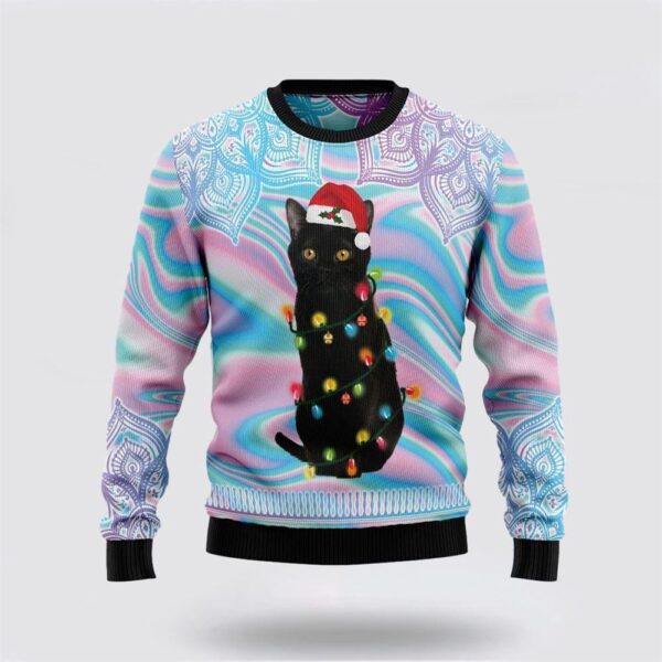 Black Cat Hologram Pattern Ugly Christmas Sweater