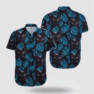 Black Cat In Blue Leaves Tropic Hawaiin Shirt