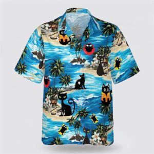 Black Cat On The Blue Beach Pattern Hawaiin Shirt