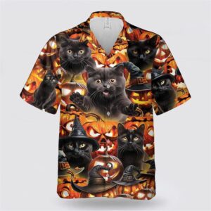 Black Cat Pumpkin Halloween Pattern Hawaiian Shirt