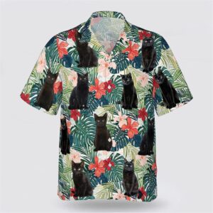 Black Cat With Green Leaves And Red Flower Pattern Hawaiin Shirt