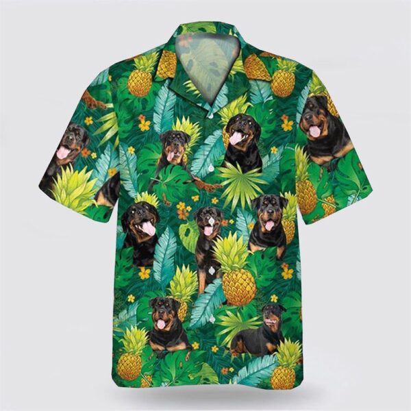 Black Rottweiler On Leaves Green Background Hawaiin Shirt